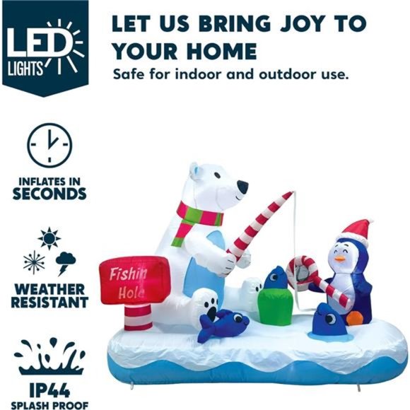 6 FT Christmas Inflatable Penguin & Polar Bear Decoration, Fishing Hole Sign - Picture 3 of 7